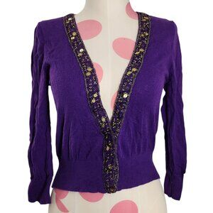 Women's Charlotte Russe Small Purple Cropped Sweater Cardigan Beaded Ribbon Trim
